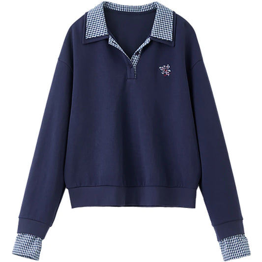 Gingham-Trim Collared Sweatshirt