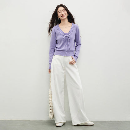 Ruffle-Trim Tie-Neck Cardigan