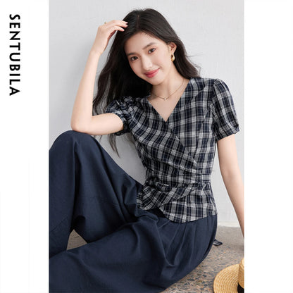 Plaid Wrap Top and Pants Set