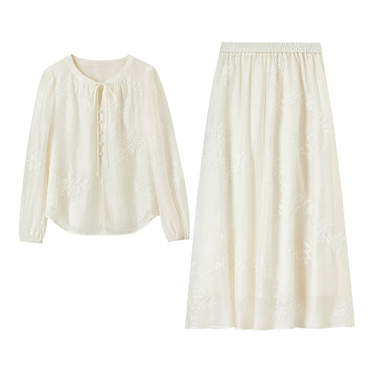 Tie-Neck Blouse and Midi Skirt Set