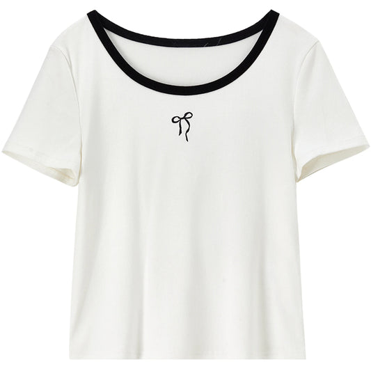 Bow-Motif Contrast-Neck Tee
