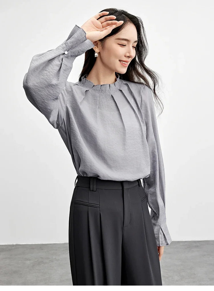 Ruffle-Neck Long-Sleeve Blouse