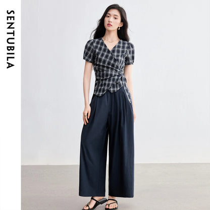 Plaid Wrap Top and Pants Set