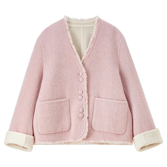 Contrast-Cuff V-Neck Jacket