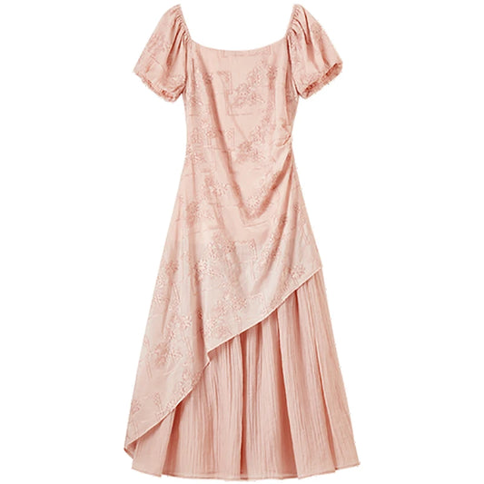 Asymmetric-Layer Puff-Sleeve Dress