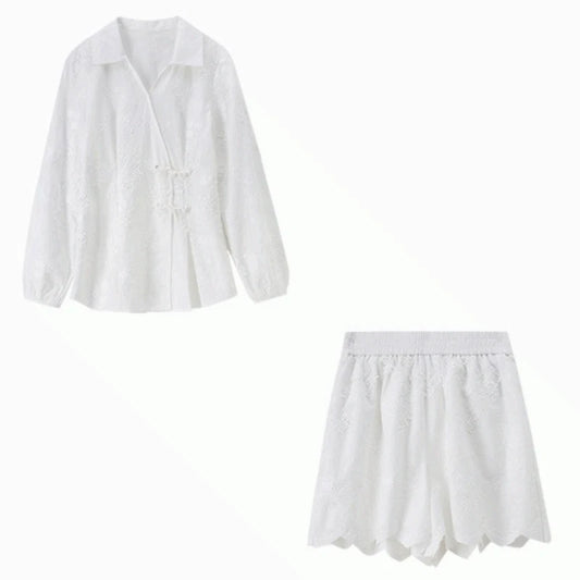 Tie-Waist Shirt and Scalloped Shorts Set