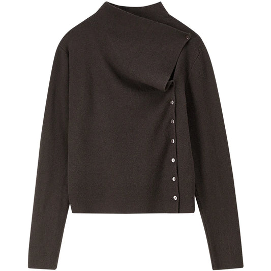 Asymmetric-Collar Button-Detail Sweater