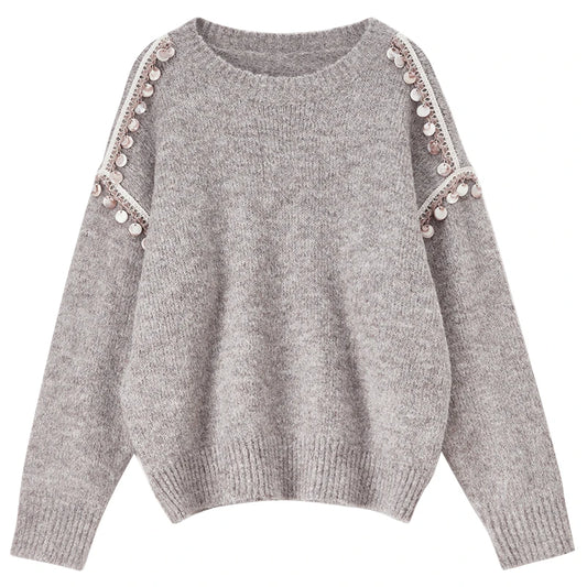 Embellished-Shoulder Crew-Neck Sweater