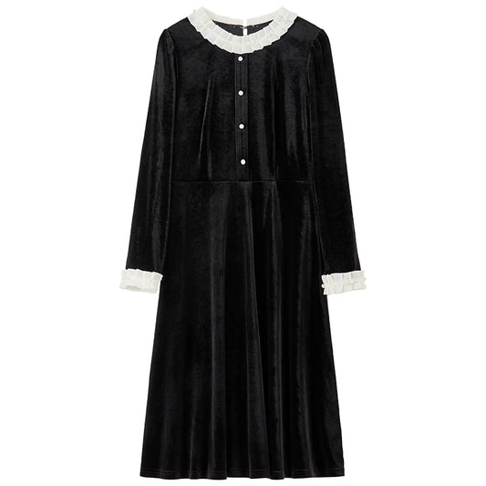 Contrast-Trim Long-Sleeve Dress