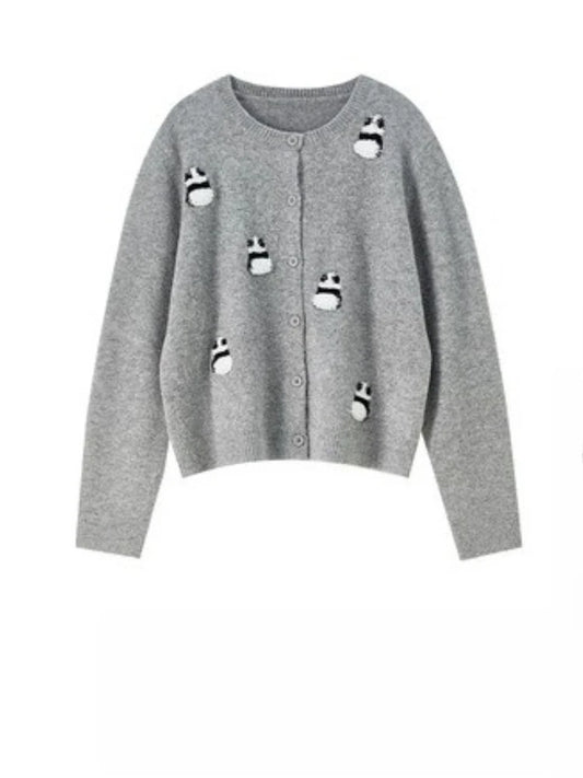 Panda-Motif Button-Front Cardigan