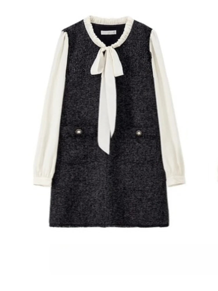 Contrast-Sleeve Tie-Neck Shift Dress