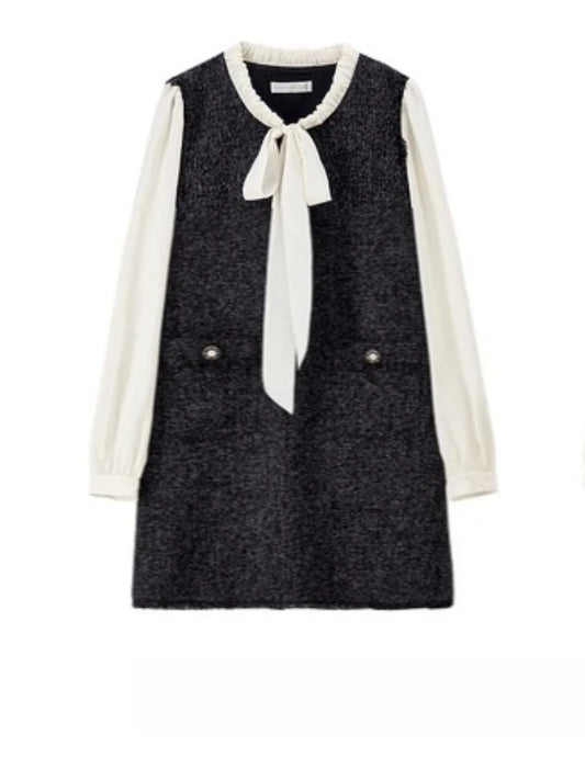 Contrast-Sleeve Tie-Neck Shift Dress