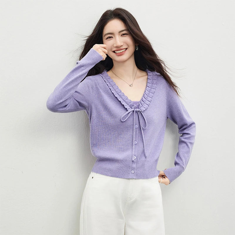 Ruffle-Trim Tie-Neck Cardigan