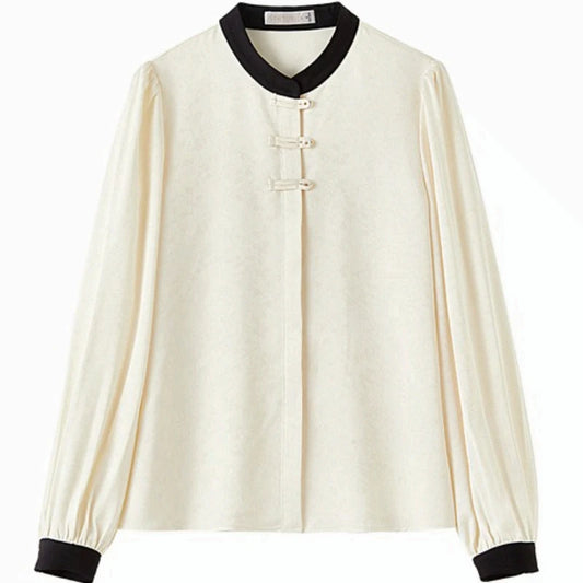Contrast-Trim Knot-Front Blouse