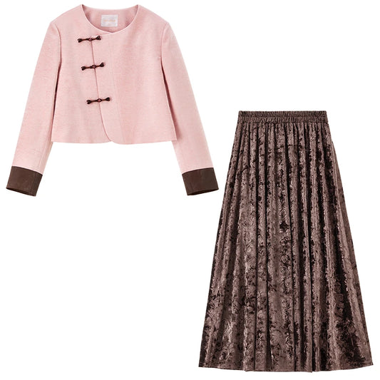 Frog-Closure Jacket and Pleated Skirt Set