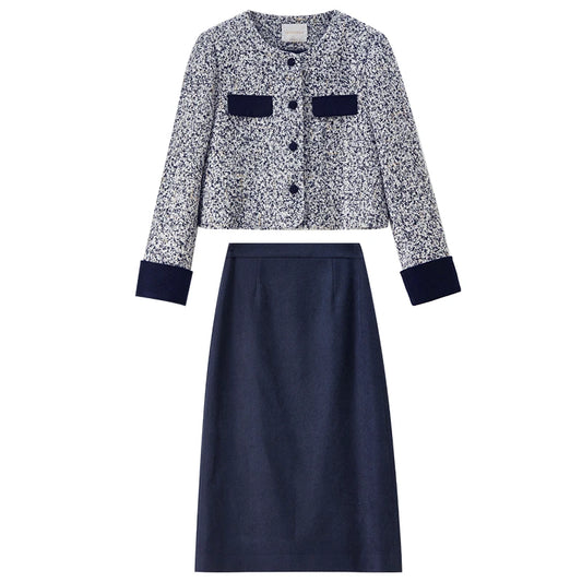 Contrast-Trim Jacket and Skirt Set