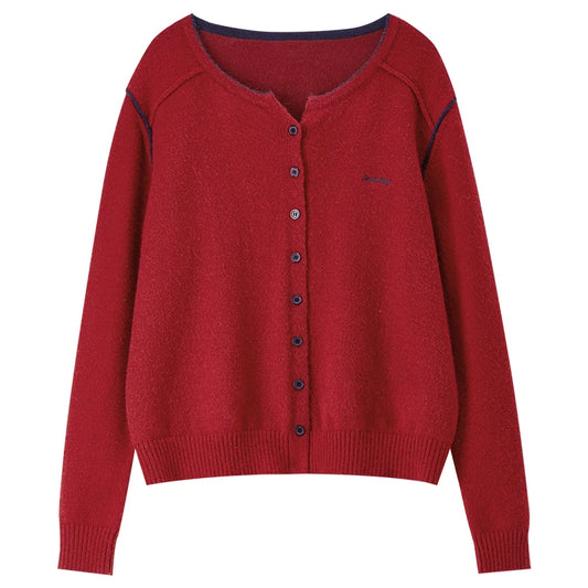 Contrast-Trim Round-Neck Cardigan