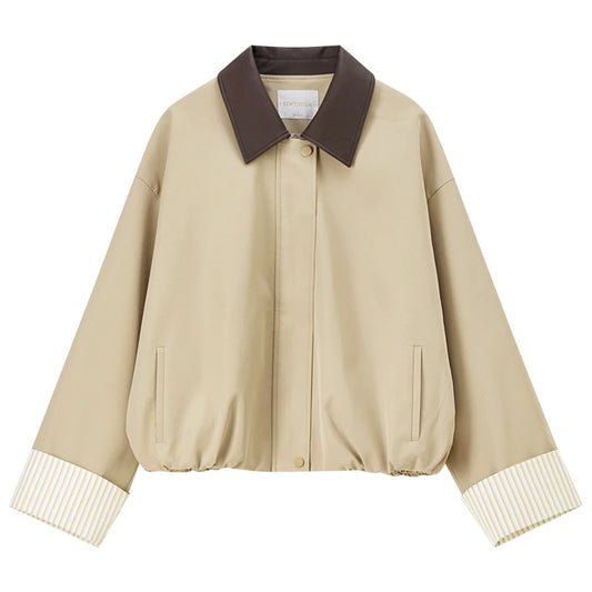 Contrast-Collar Gathered-Hem Jacket