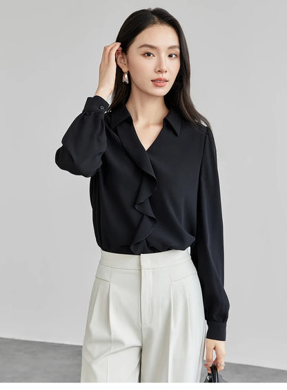 Ruffle-Front Collared Blouse