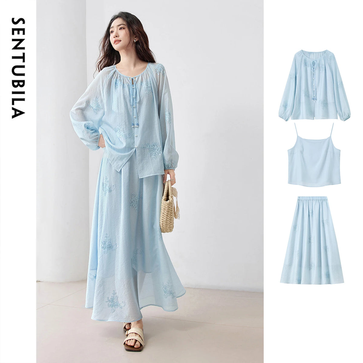 Three-Piece Blouse Cami and Skirt Set