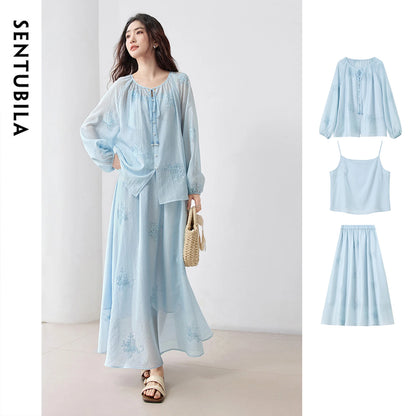 Three-Piece Blouse Cami and Skirt Set