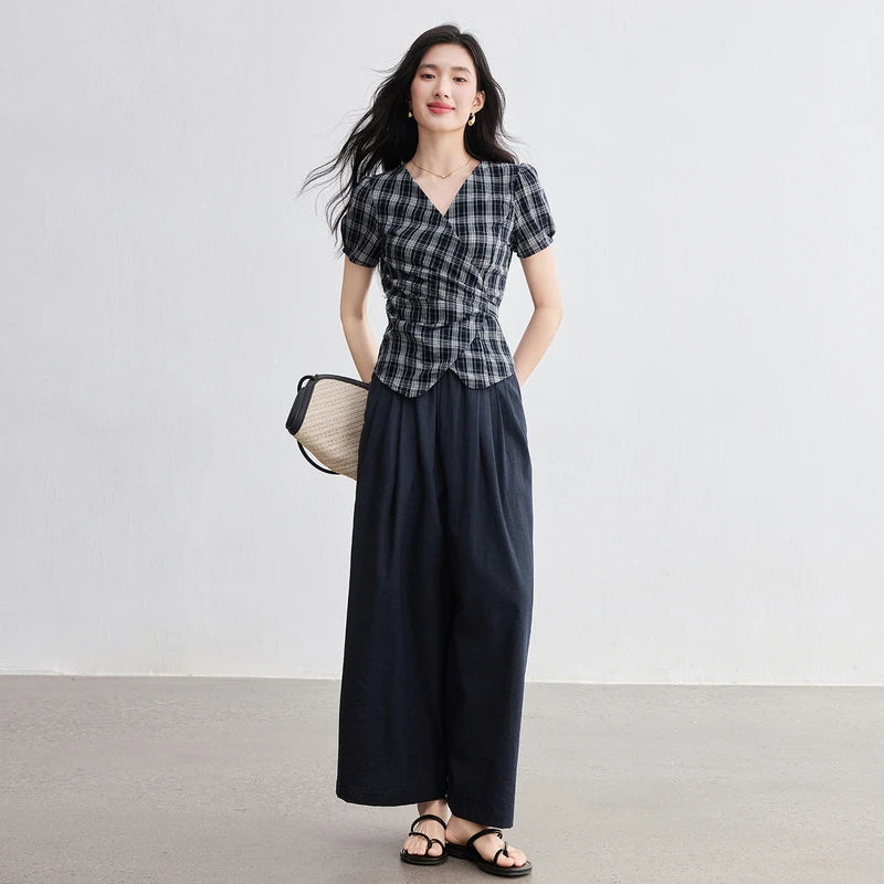 Plaid Wrap Top and Pants Set