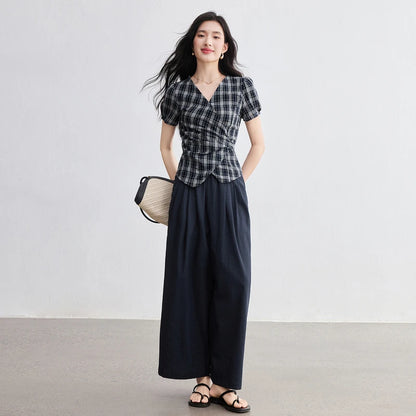 Plaid Wrap Top and Pants Set