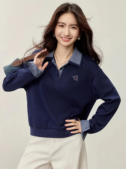 Gingham-Trim Collared Sweatshirt