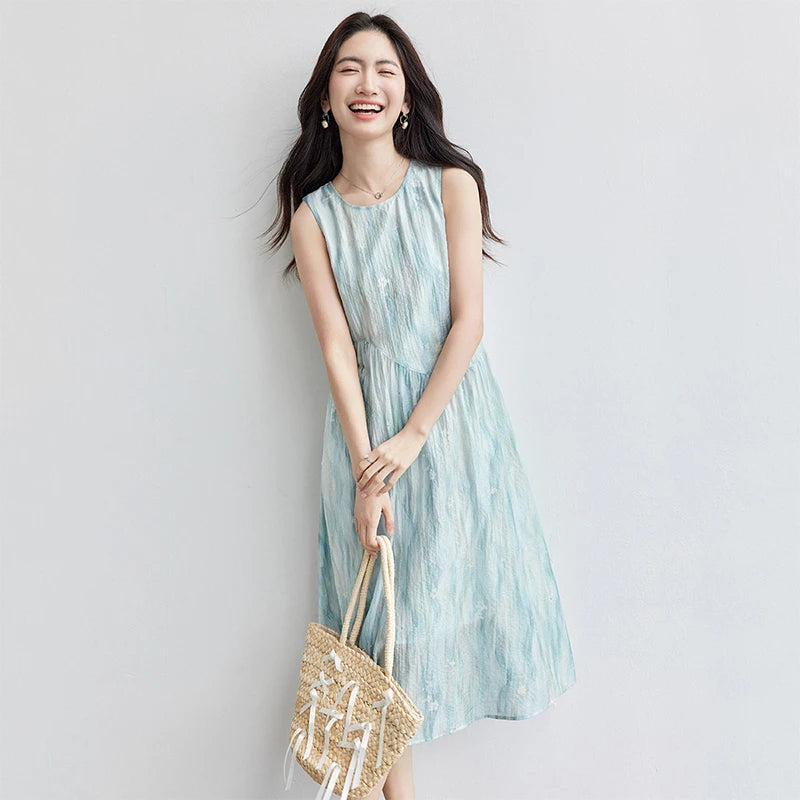 Abstract-Print Sleeveless Midi Dress