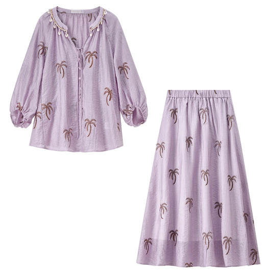 Palm-Motif Top and Skirt Set