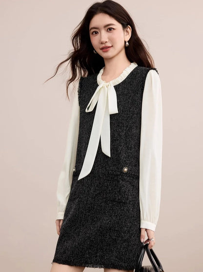 Contrast-Sleeve Tie-Neck Shift Dress
