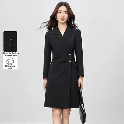 Asymmetric-Button Blazer Dress