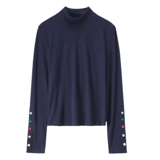 Button-Cuff Mock-Neck Top