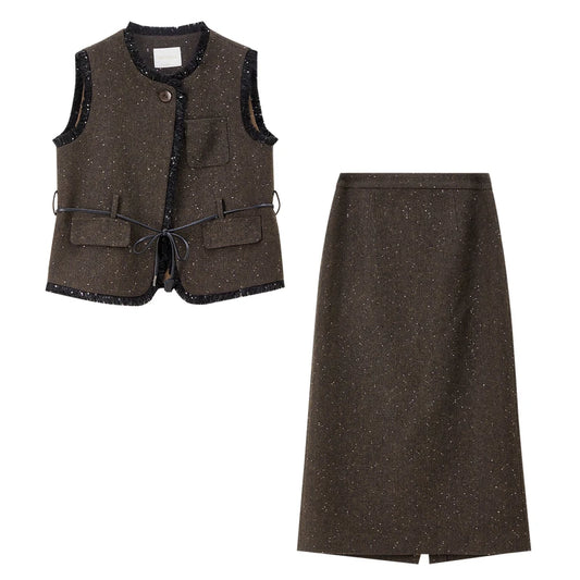Contrast-Trim Vest and Midi Skirt Set