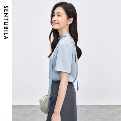 Tie-Neck Flutter-Sleeve Blouse