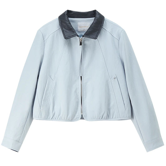 Contrast-Collar Zip-Front Jacket