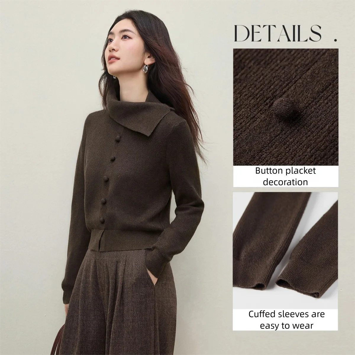 Asymmetric-Collar Button-Detail Sweater