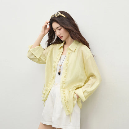 Ruffle-Trim Drawstring-Waist Shirt