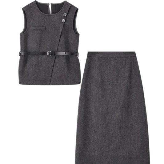 Asymmetric Vest and Straight Skirt Set