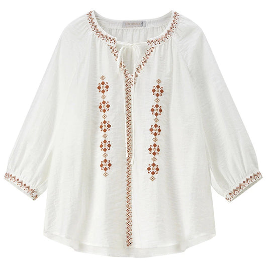 Embroidered Tie-Neck Blouse