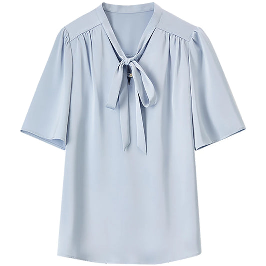Tie-Neck Flutter-Sleeve Blouse