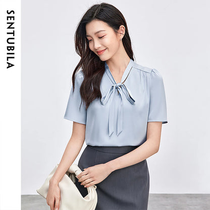 Tie-Neck Flutter-Sleeve Blouse