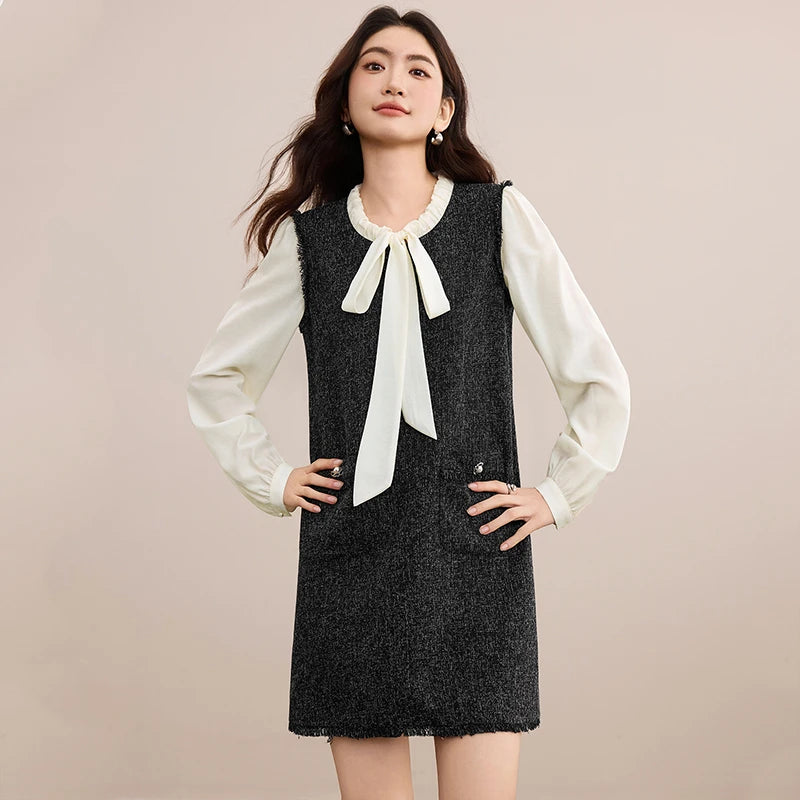 Contrast-Sleeve Tie-Neck Shift Dress