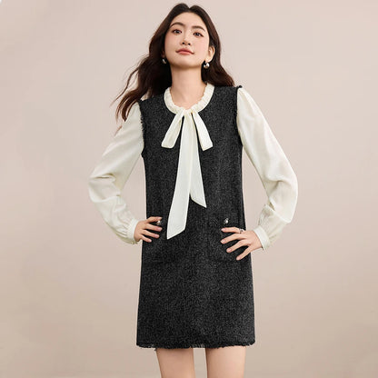 Contrast-Sleeve Tie-Neck Shift Dress