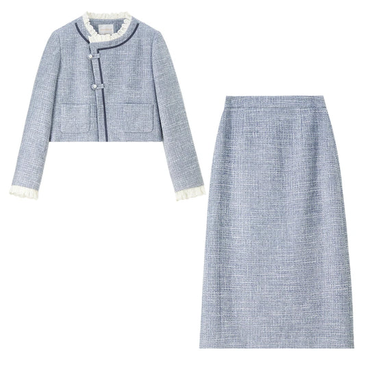 Contrast-Trim Jacket and Skirt Set