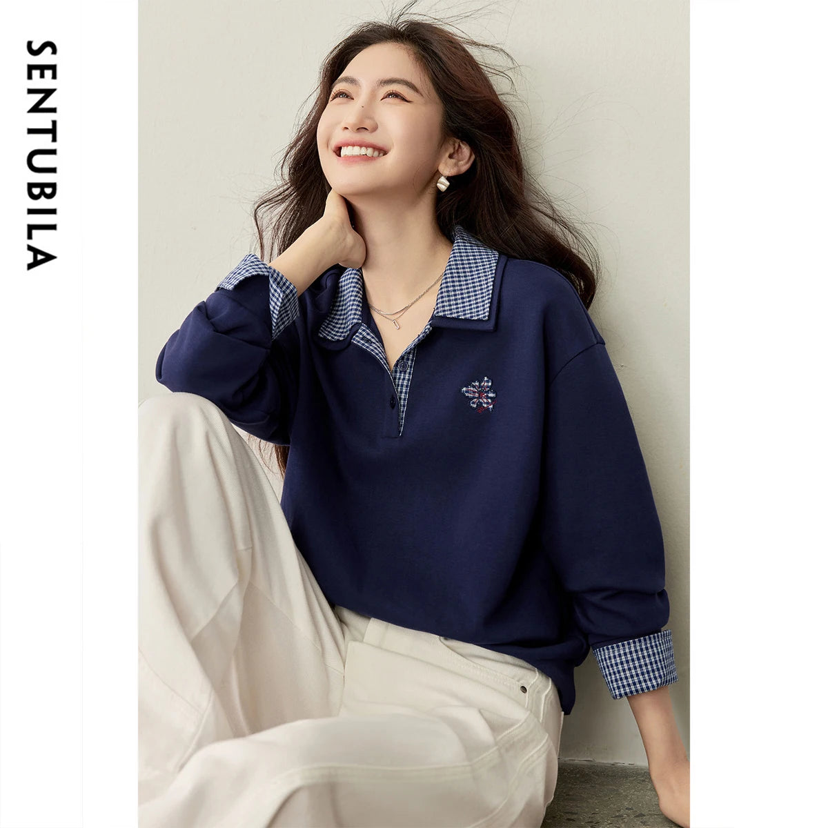 Gingham-Trim Collared Sweatshirt