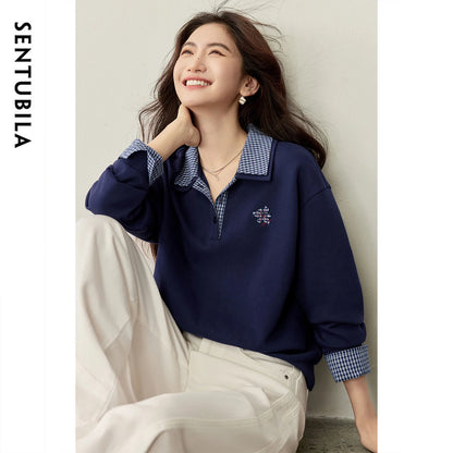 Gingham-Trim Collared Sweatshirt