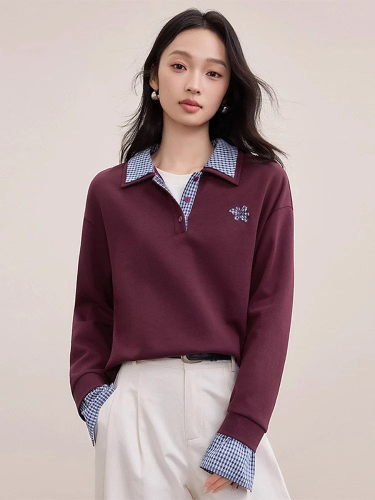 Gingham-Trim Collared Sweatshirt