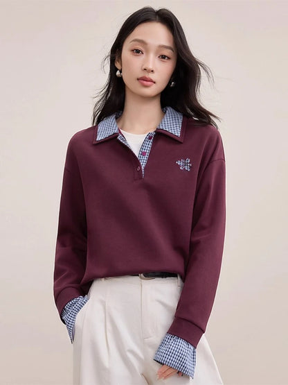 Gingham-Trim Collared Sweatshirt