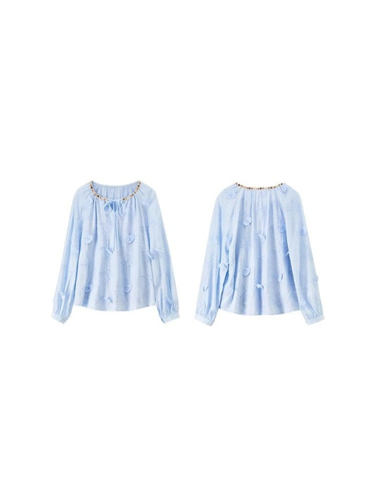 Butterfly-Motif Tie-Neck Blouse